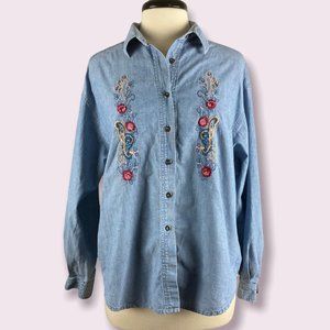 Vintage Denim Floral Embroidered Button Down - M